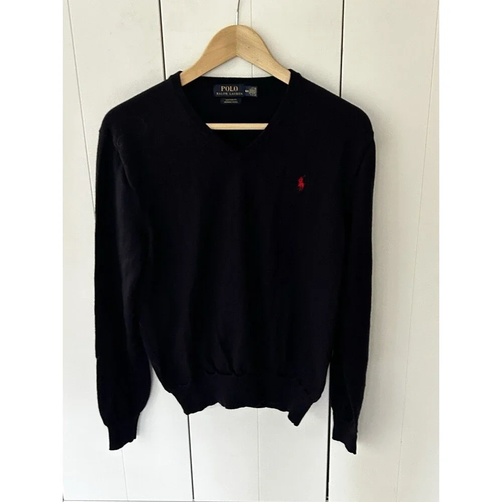 Polo Ralph Lauren Merino Wool Sweater Size Medium V-Neck Navy Blue Red Logo Men'